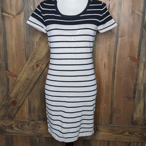 Romeo Juliet Couture Black Cream Striped Fitted Knit Short Sleeve Dress Sz M